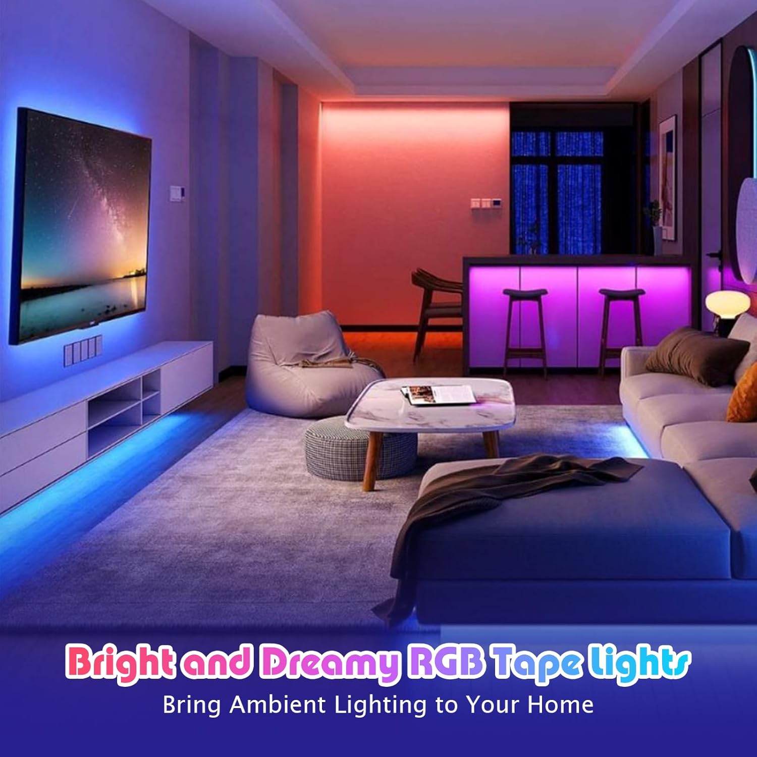 Tira de luz LED RGB, cinta de luz de 18 pies con control remoto, luces LED enlazables para dormitorio, cocina, sala de estar, sala de estar, fiesta