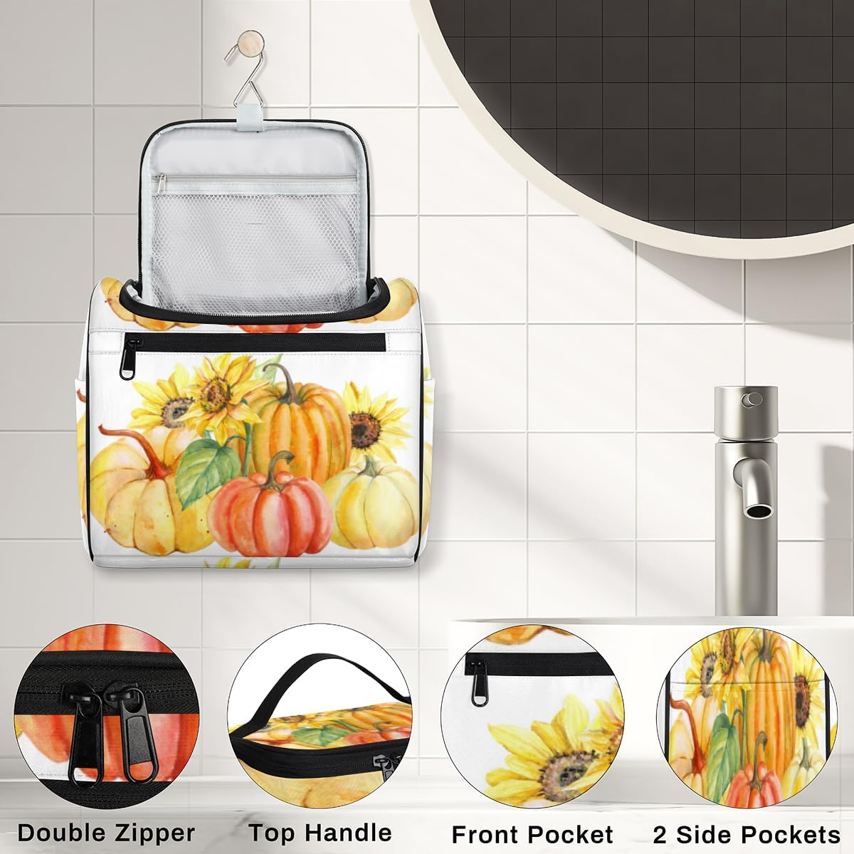 Fun Thanksgiving Texture Toiletry Bag for Women Travel Makeup Organizer with Hanging Hook Traveling Cosmetic Bags for Toiletries Accessories