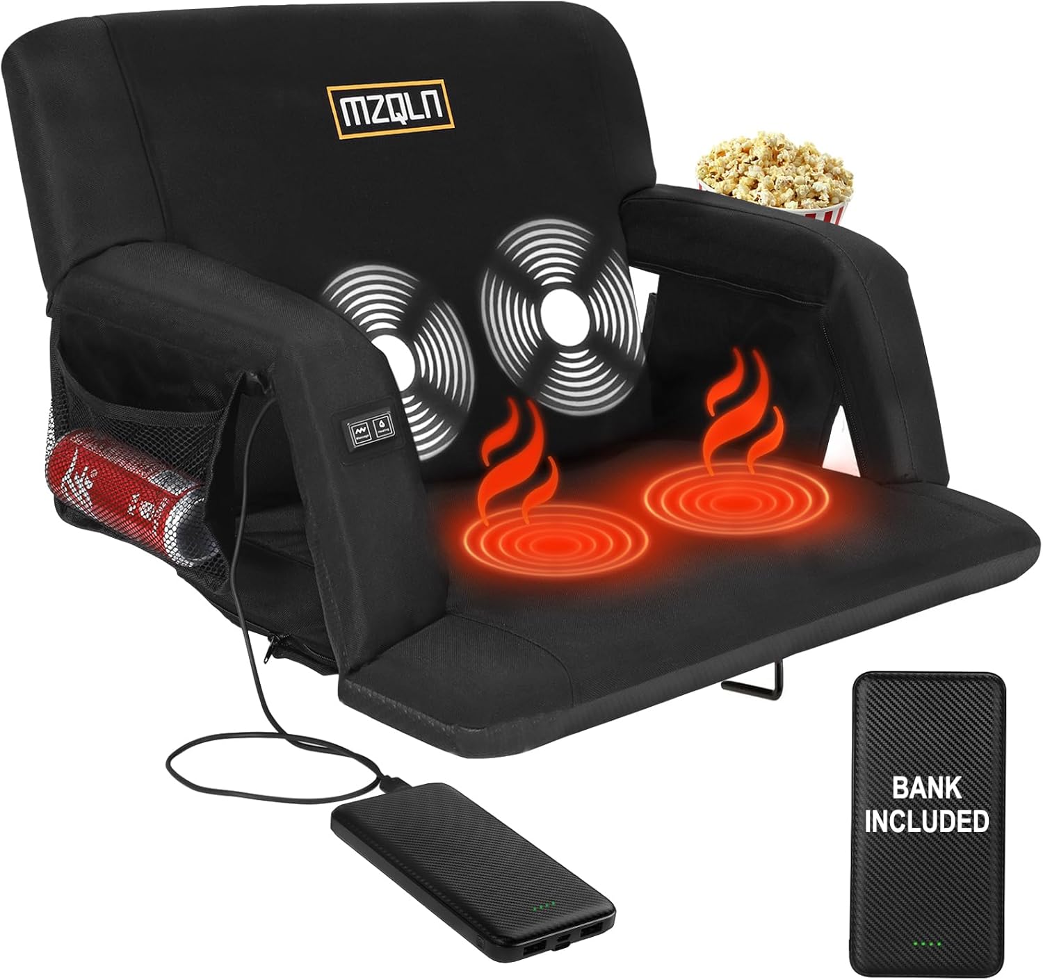 Asientos de estadio de masaje con calefacción, paquete de 2, sillas plegables de 25 pulgadas con 10000 mAh de potencia portátil, 3 niveles de calor