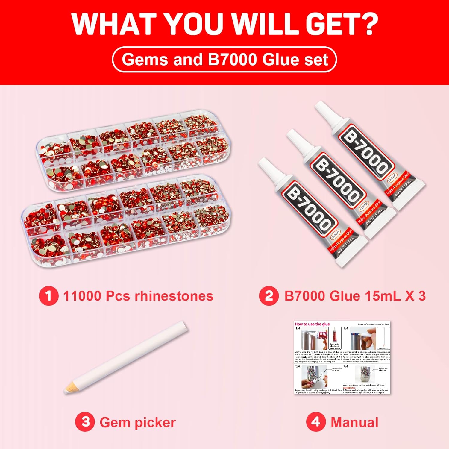 11000 diamantes de imitación rojos con pegamento b7000 para manualidades, ropa, uñas, manualidades, zapatos, vasos, camiseta, piedras de rinestones