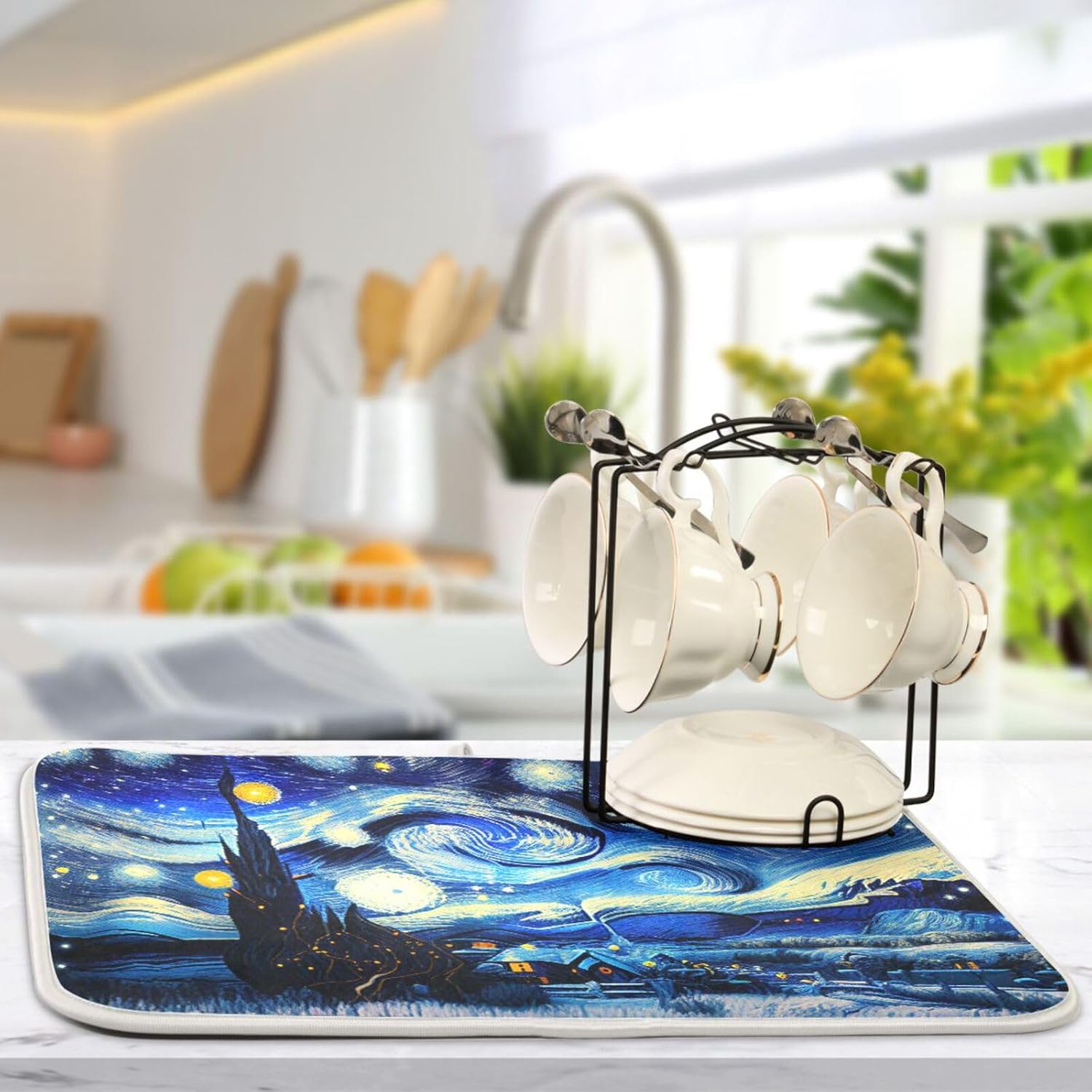 Tapete de secado nocturno de platos estilo Van Gogh para encimera de cocina, tapete escurridor de platos de microfibra, absorbente de secado rápido,