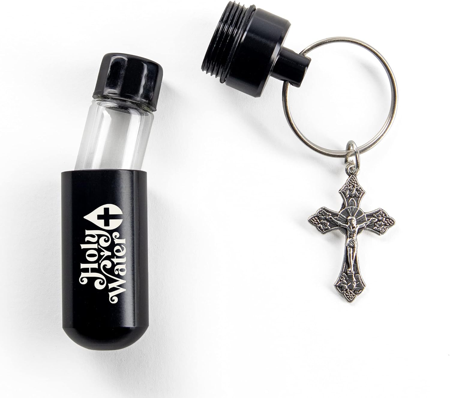 TREE OF LIFE REV. 2214 Catholic Holy Water Bottle, Black Keychain Container Kit with Plastic Eyedropper & Glass Vial
