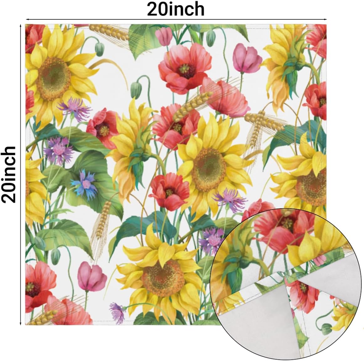 Juego de 6 servilletas de tela con estampado de girasol y amapola de 20 x 20 pulgadas, lavables, reutilizables, para cocina, comedor, decoración de