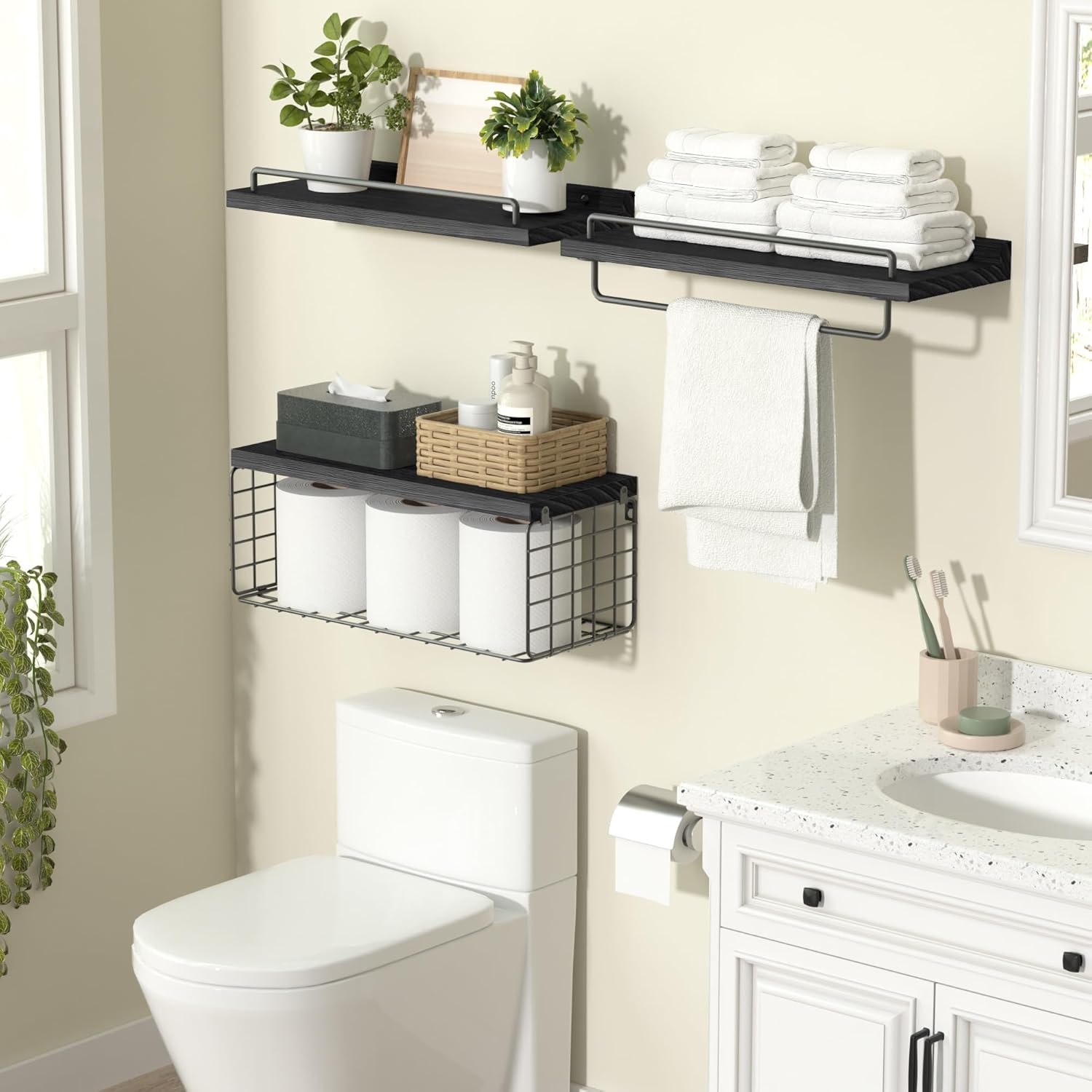 RYOFOBETTO Estantes flotantes sobre papel higiénico, estantes flotantes para colgar en la pared, de madera rústica, cesta de almacenamiento para