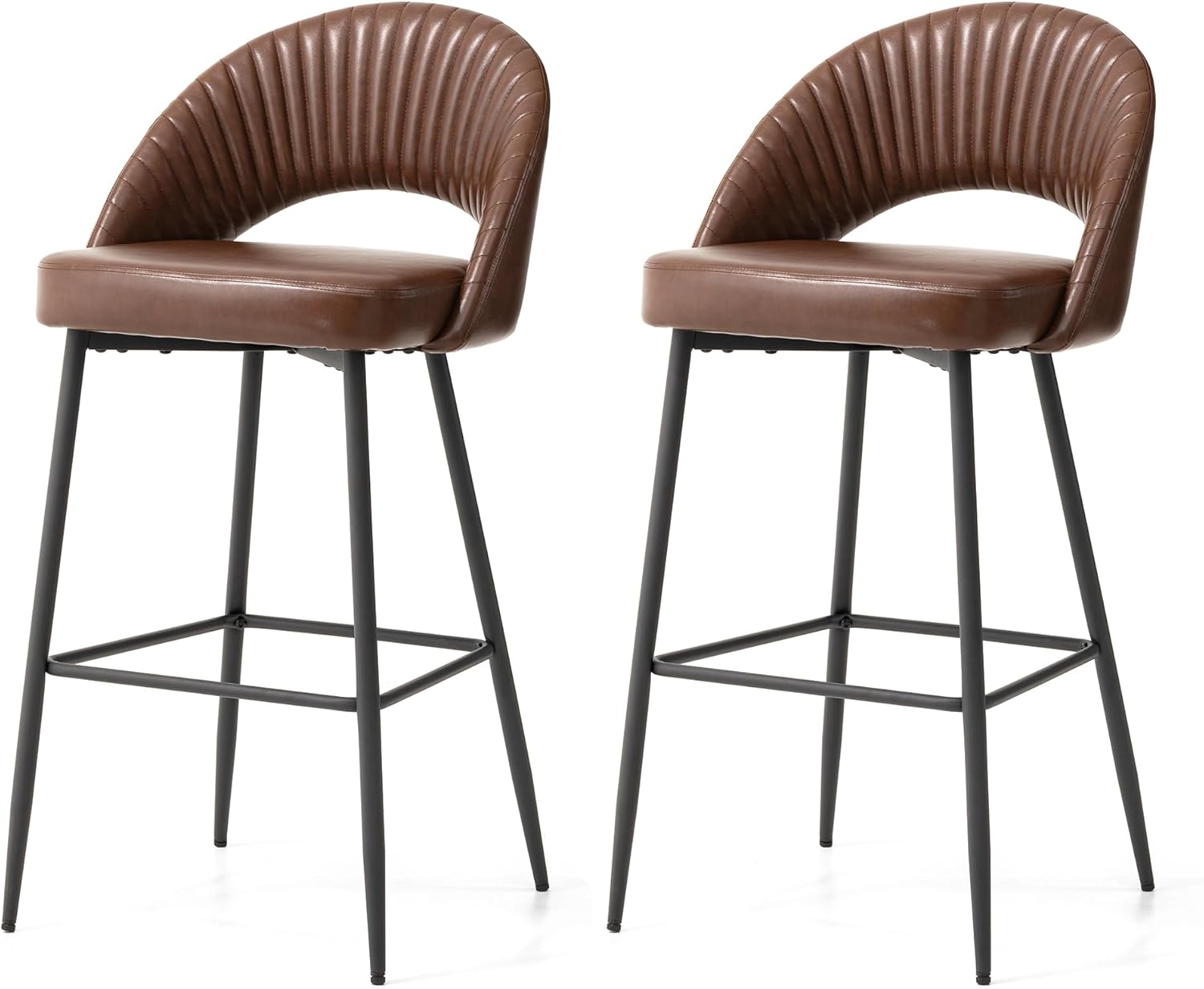 glitzhome Juego de 2 taburetes altos modernos de piel sintética, taburetes de bar altos de respaldo medio con patas cónicas de metal, sillas de bar