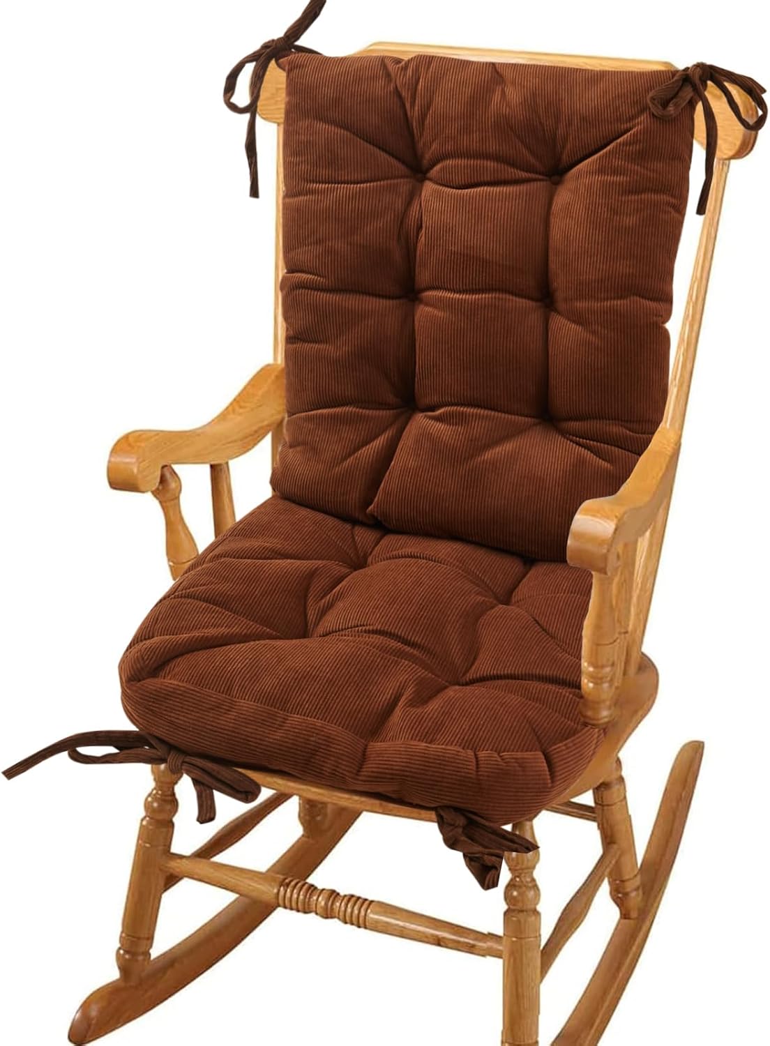 Big Hippo Juego de cojines para silla mecedora, respaldo alto para exterioresinteriores, cojines para respaldo y asiento copetudo con lazos (marrón)