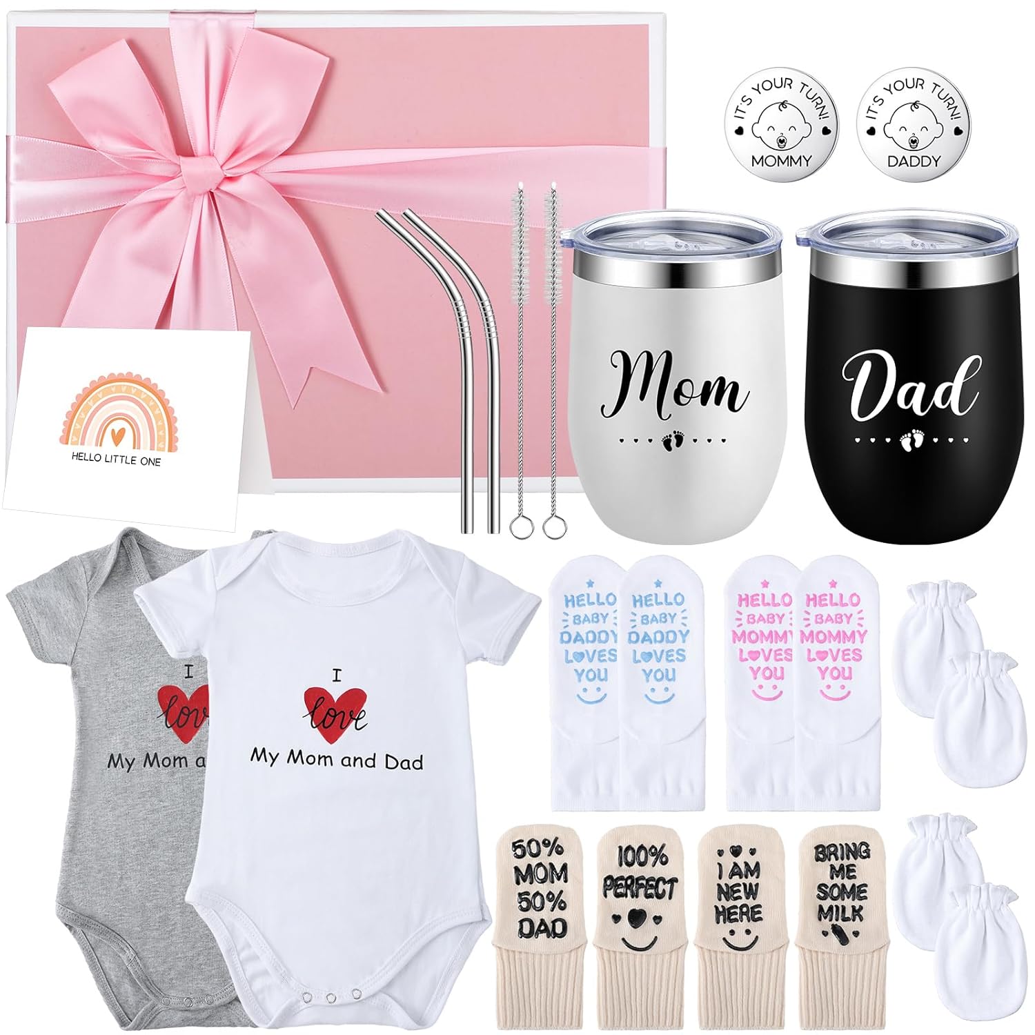 12 unidades de cesta de regalo para nuevos padres, regalos para mamá y papá, vasos 2024, mono, calcetines para bebé, moneda de decisión para baby