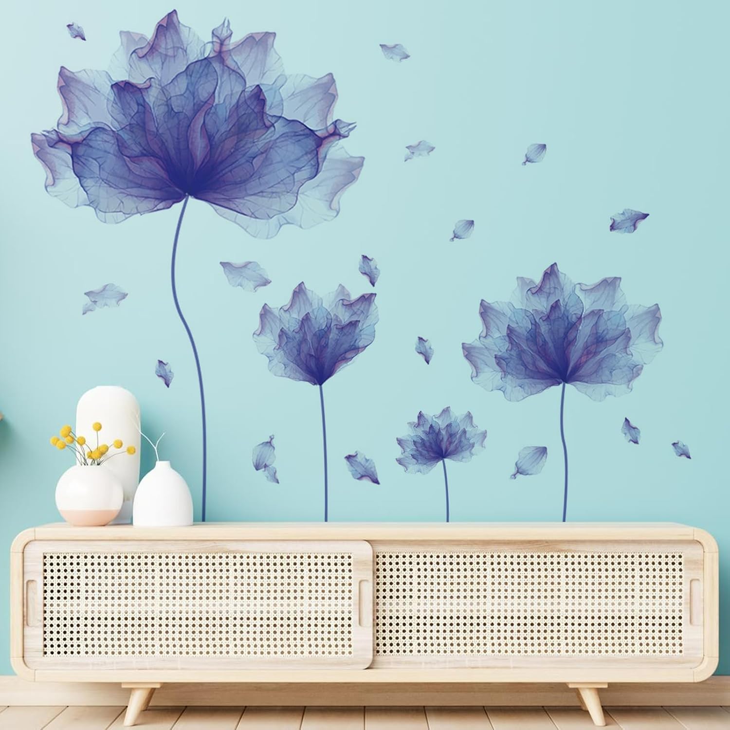 Calcomanías de pared de flores moradas, murales para dormitorio, oficina, baño, sala de estar, calcomanías de pared florales extraíbles, decoración