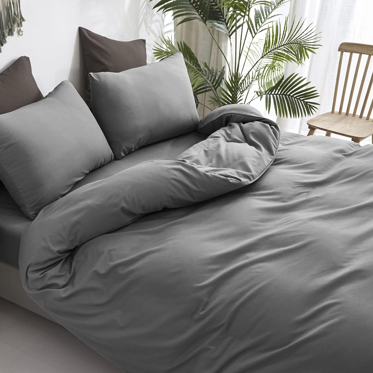 Cottonight Juego de edredón unicolor gris tamaño California king, juego de ropa de cama gris oscuro, moderno y ligero, para mujeres y hombres