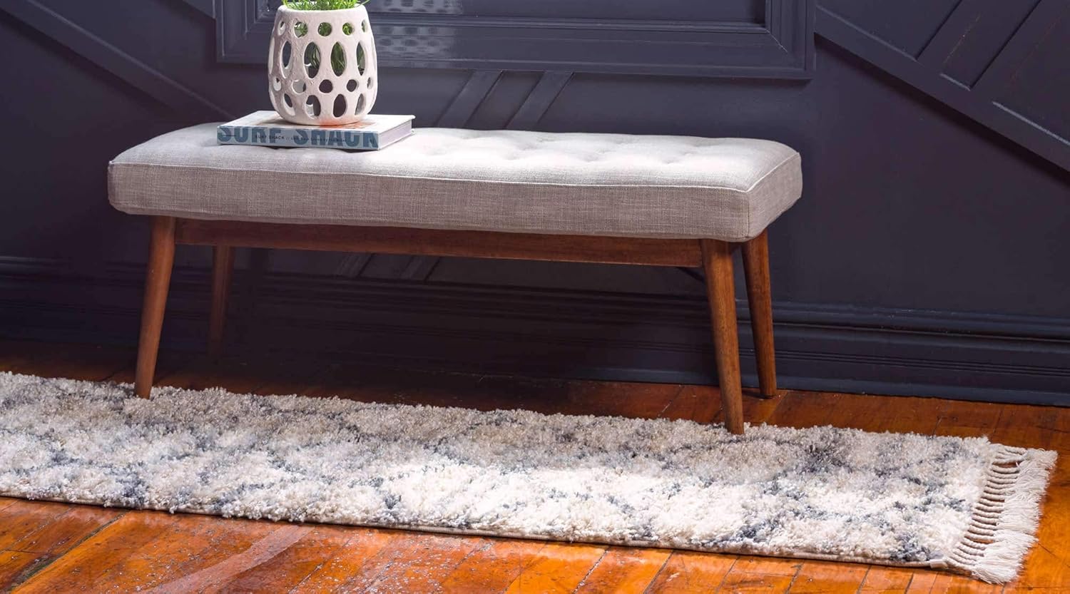 Unique Loom Hygge Shag Collection – Alfombra de área enrejado (2 pies 2 pulgadas x 6 pies 1 pulgada, color beige y gris)