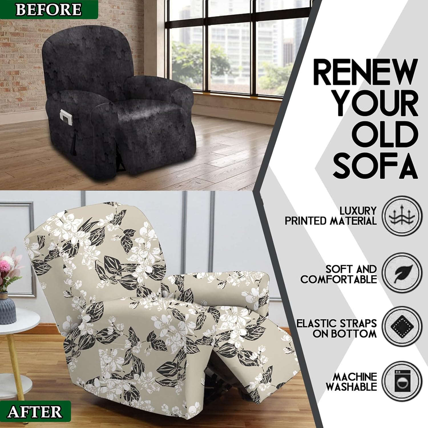 CRFATOP Fundas elásticas para sillón reclinable, 4 piezas, fundas para sillón reclinable con bolsillos de almacenamiento, protector de muebles para