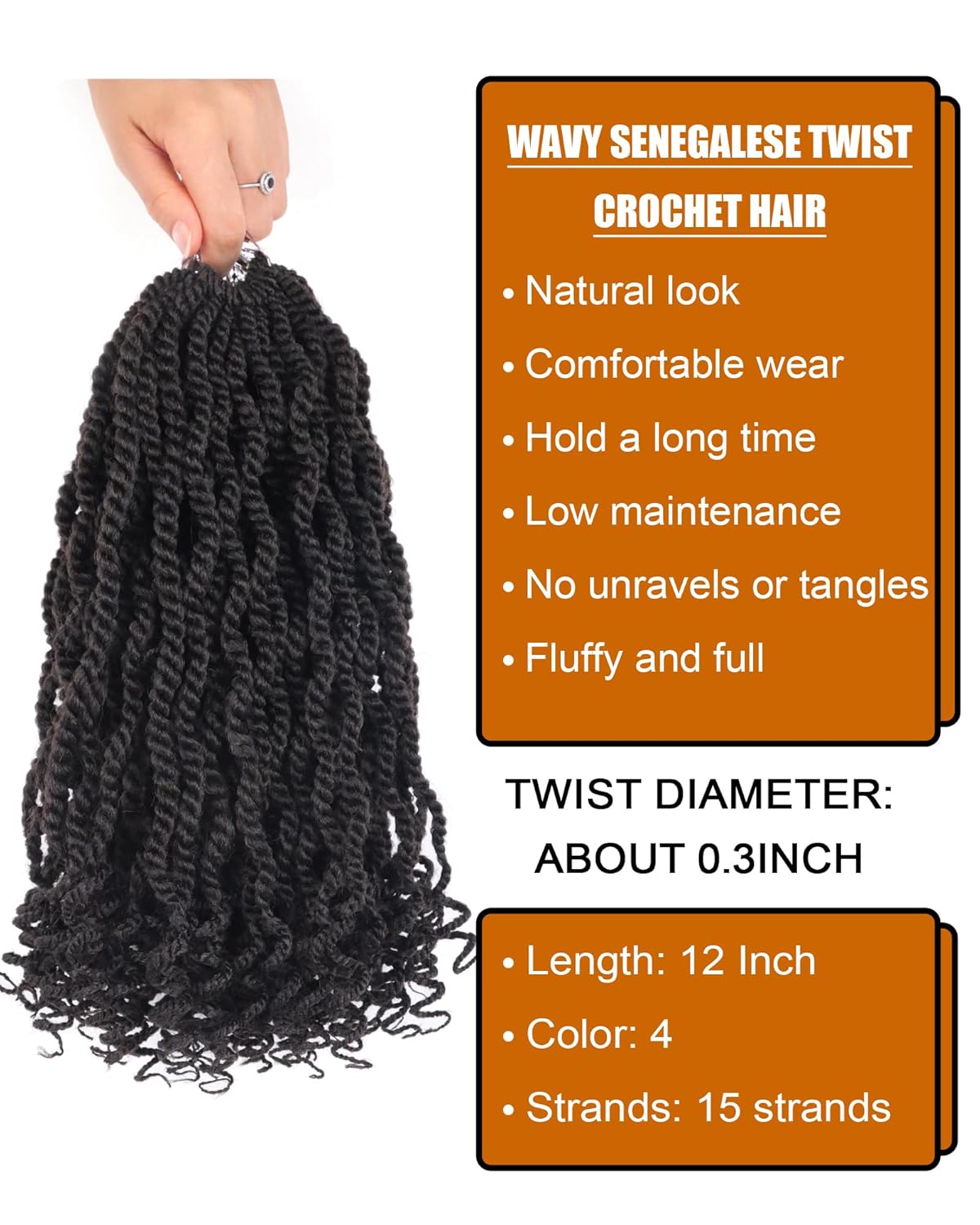 Cabello senegalés de ganchillo con rizos 4, cabello senegalés para mujeres negras, 12 pulgadas, 8 paquetes de trenzas de ganchillo con extremos