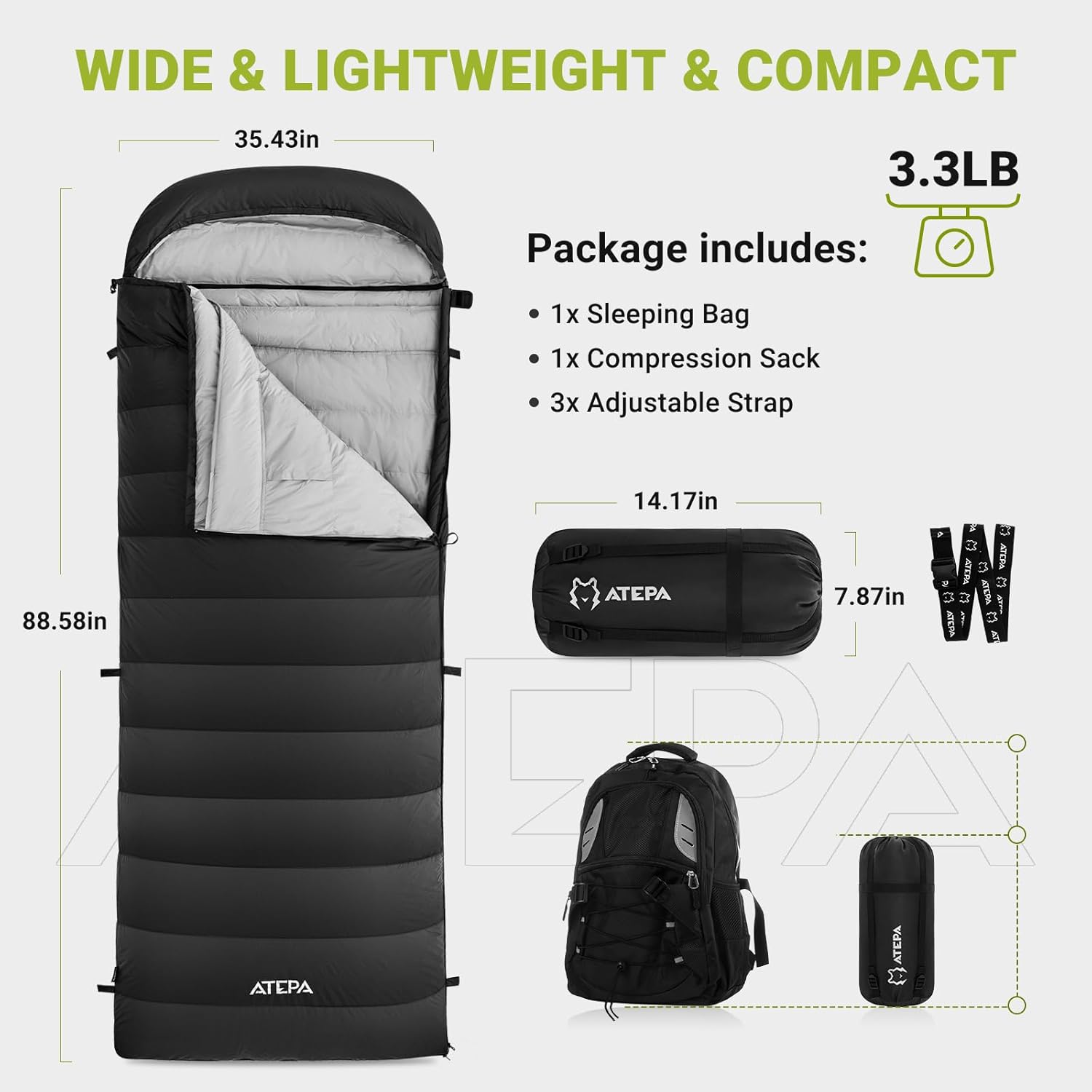 ATEPA Saco de dormir ligero de plumón de 0 grados para adultos, mochila de momia, ultraligero, impermeable, compacto, para todo tipo de clima frío,