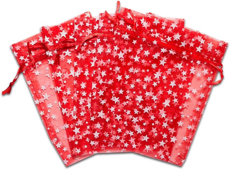 The Display Guys – Paquete de 100 bolsas de regalo de organza transparente de 4 x 6 pulgadas con cordón (mediano), estrellas metálicas (rojoblanco)