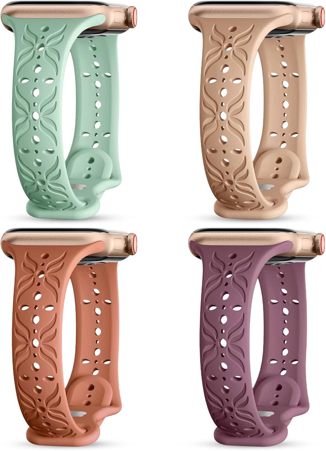Maledan Paquete de 4 correas de silicona delgadas compatibles con Apple Watch Band de 1.496 in, 1.575 in, 1.614 in, 1.654 in, 1.732 in, 1.772 in,