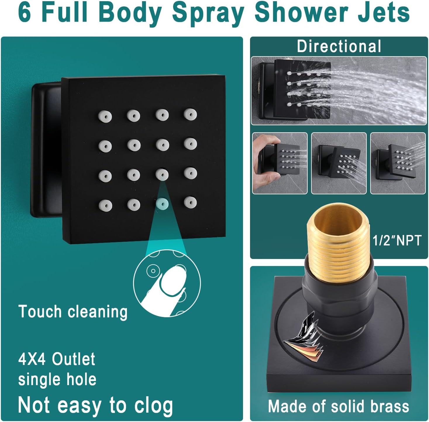 HOMEDEC Sistema de chorros de ducha completo negro, juego de grifo de ducha LED de 16 pulgadas con 6 aerosoles corporales y válvula termostática de