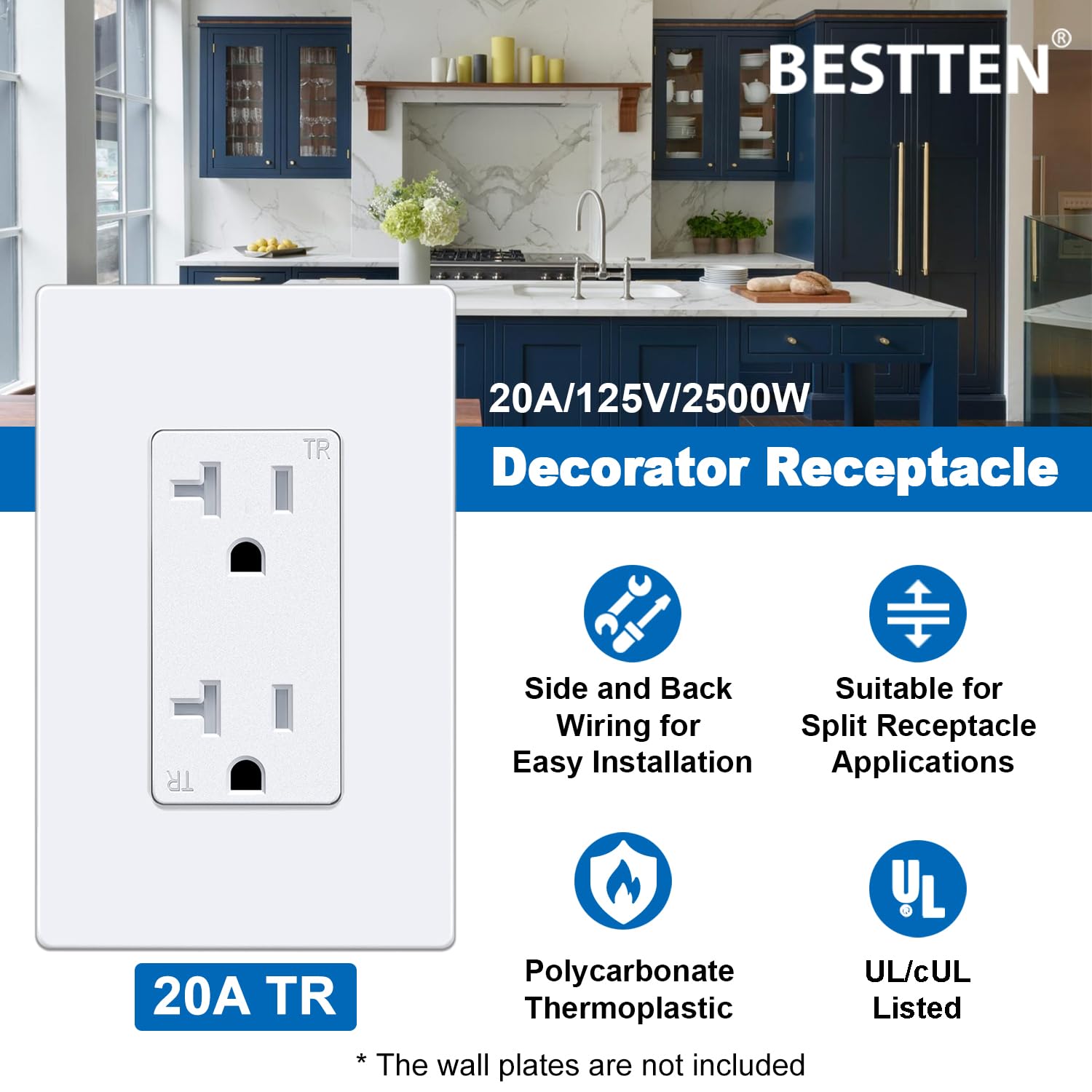 BESTTEN Toma de corriente decorativa de pared de 20 amperios, resistente a manipulaciones, 20A125V2500W, uso residencial y comercial, certificación