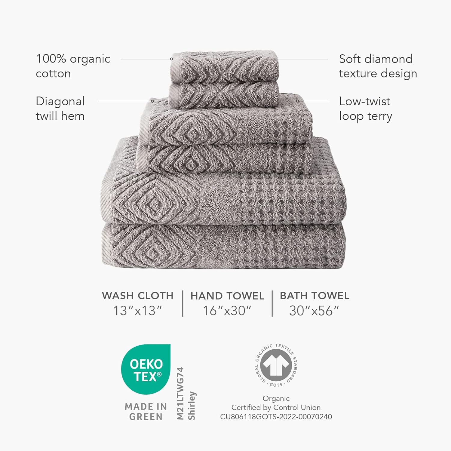 Texere – Juego de toallas de baño de lujo 100% algodón orgánico jacquard de 21.66 ozm, ultra suaves y absorbentes, calidad de hotel y spa (diamante,