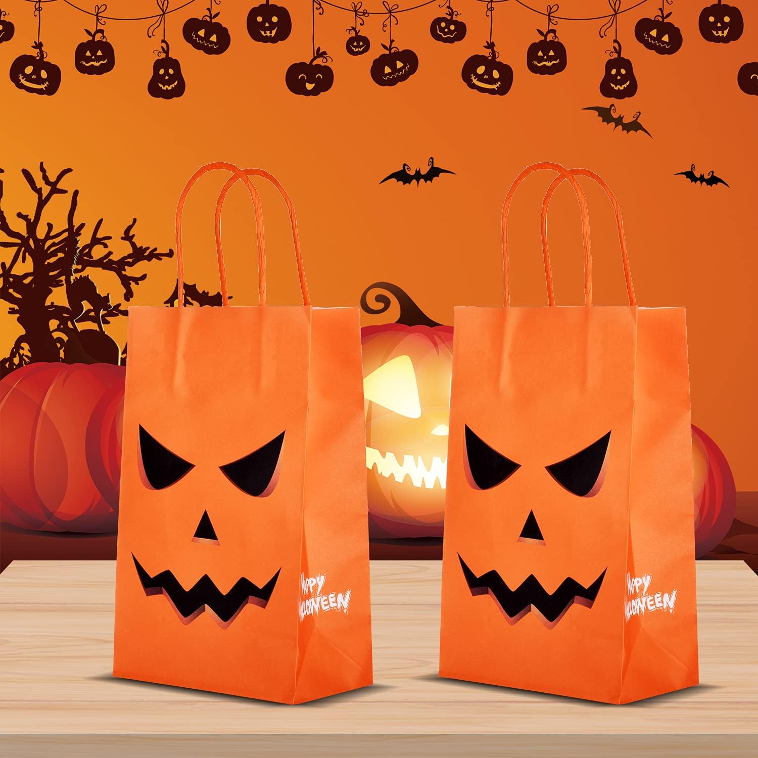 Gatherfun Bolsas de regalo de papel kraft con diseño de calabazas aterradoras con asa, bolsas de regalos para fiesta de Halloween, paquete de 24, 9