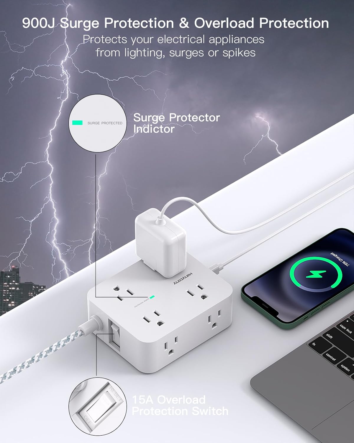 Regleta protectora de sobretensiones de 15 pies de largo, cable de extensión de 15 pies con 8 tomas, 4 puertos USB (2 USB C), enchufe plano,