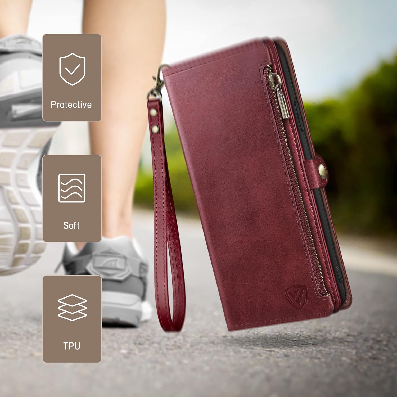 XcaseBar Funda tipo cartera para Samsung Galaxy Note 9 con cremallera Bloqueo RFID Titular de la tarjeta de crédito, Libro de folio con tapa PU