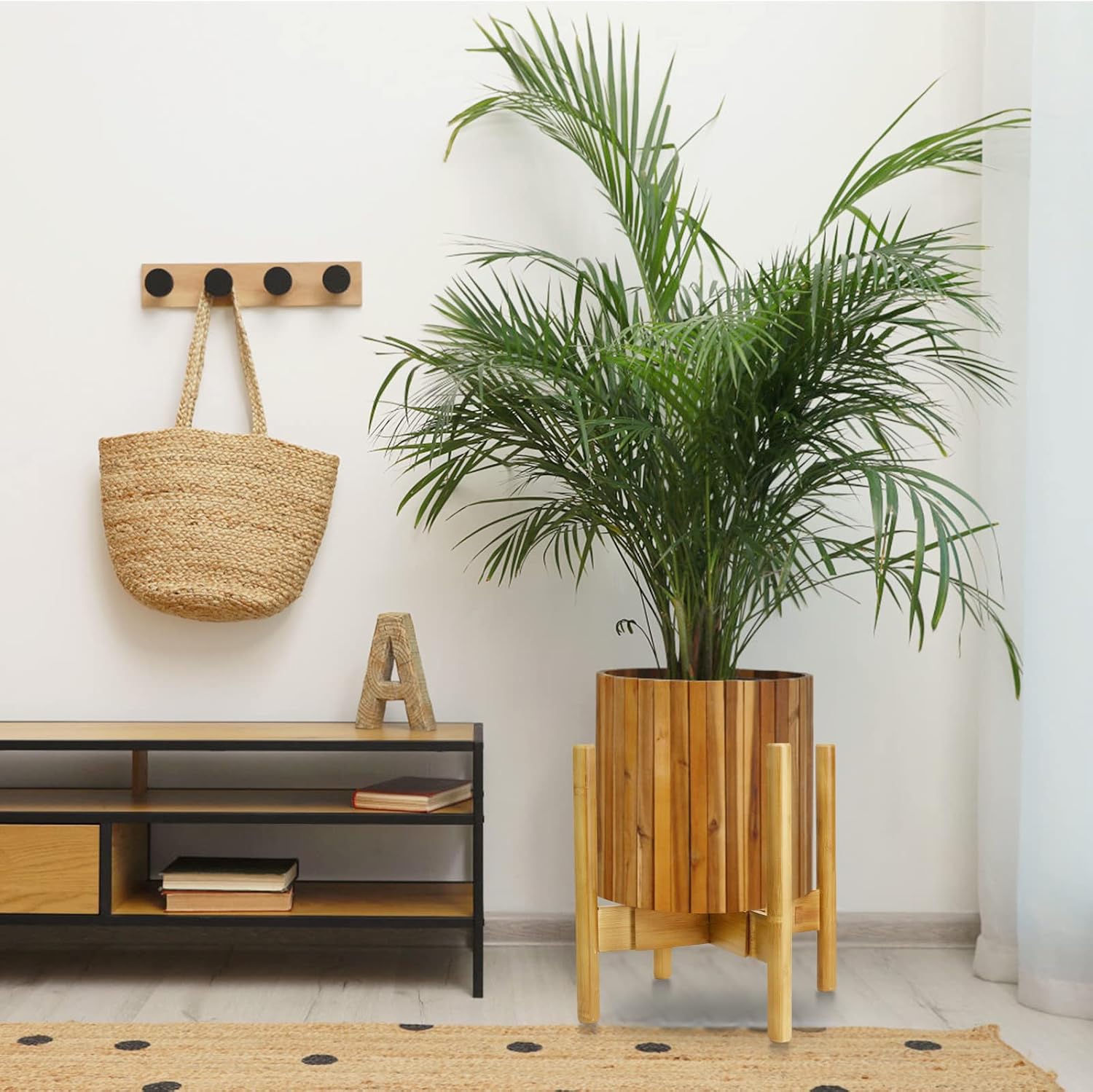1 soporte ajustable para plantas de interior, soporte para plantas de mediados de siglo de 11.8 pulgadas, soporte estable de bambú natural para