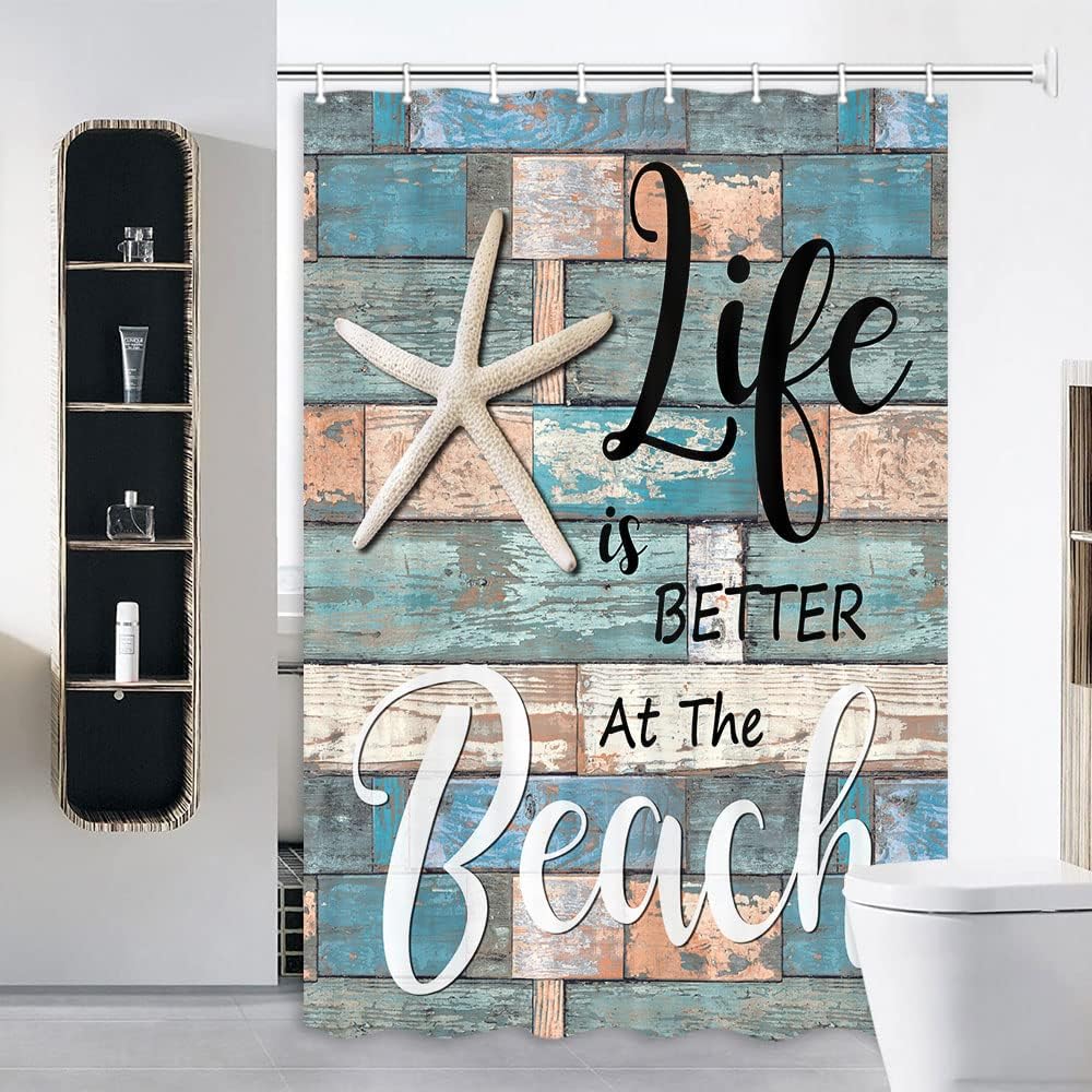 JAWO Cortina de ducha de playa, rústica, vintage, con frase en el océano, cortina de ducha con ganchos, 48 x 70 pulgadas