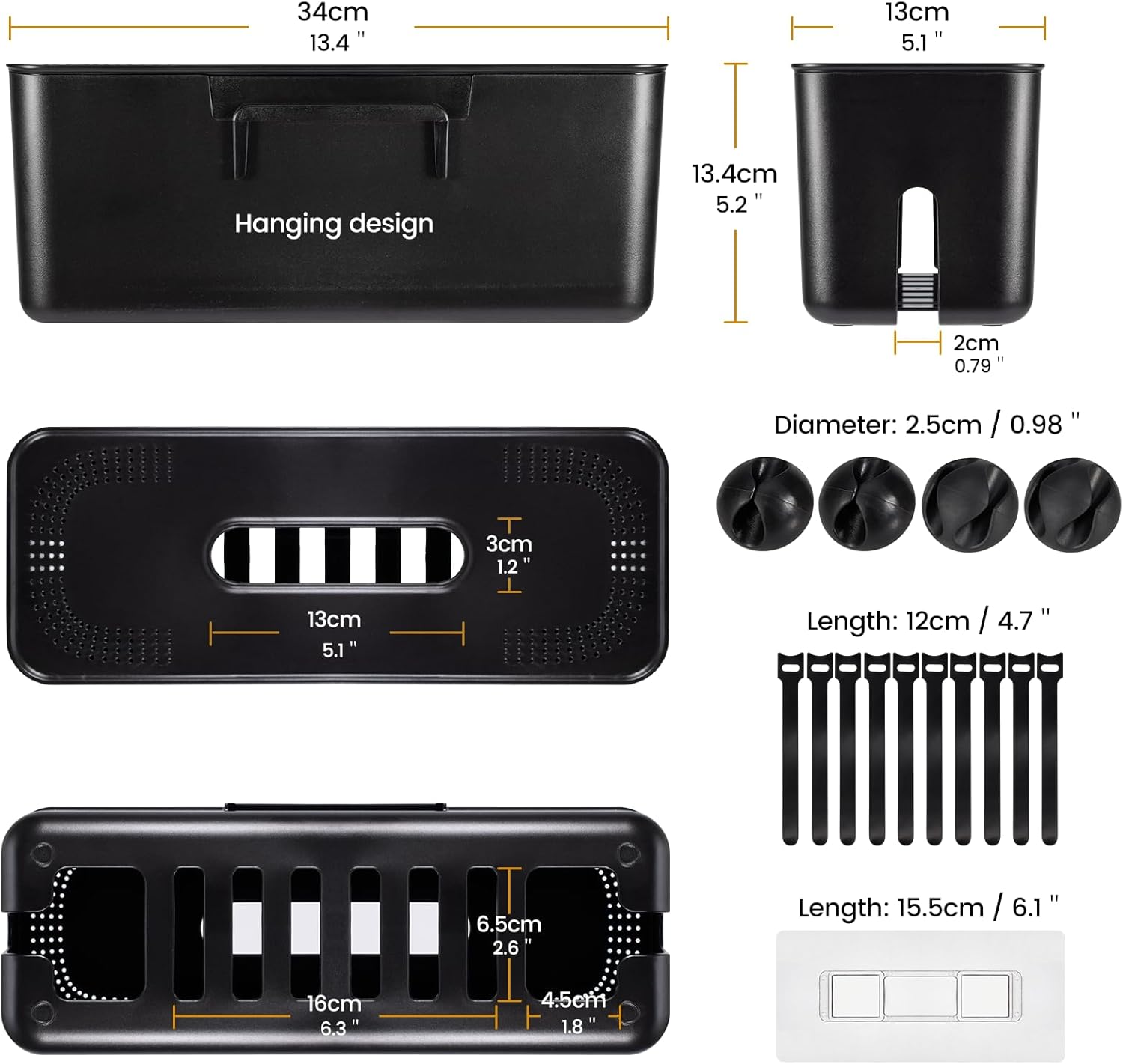 Caja organizadora de cables, caja organizadora de cables de montaje en pared para regletas de alimentación, cargadores, cable de computadora de TV,