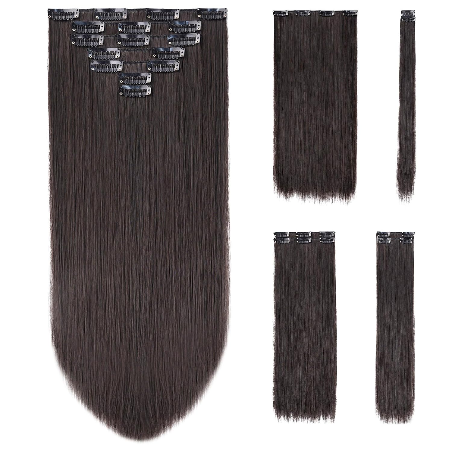 SYXLCYGG Extensiones de cabello castaño, extensiones de cabello castaño oscuro de 22 pulgadas con pinzas, lacio, esponjoso y sin enredos, piezas de