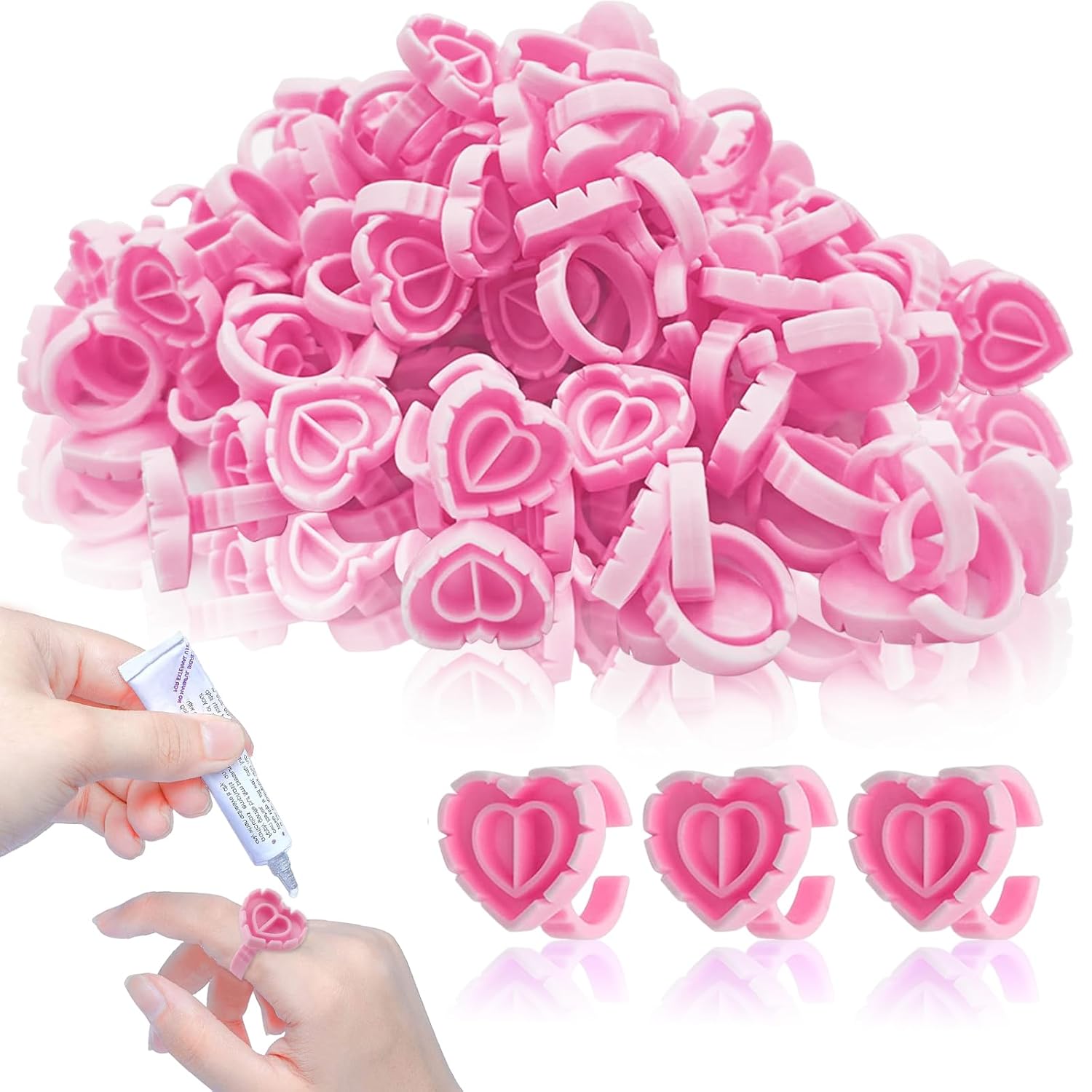 500 anillos de pegamento WKBRAE para extensiones de pestañas, lindo corazón rosa, soporte de pegamento para pestañas, anillos de pegamento