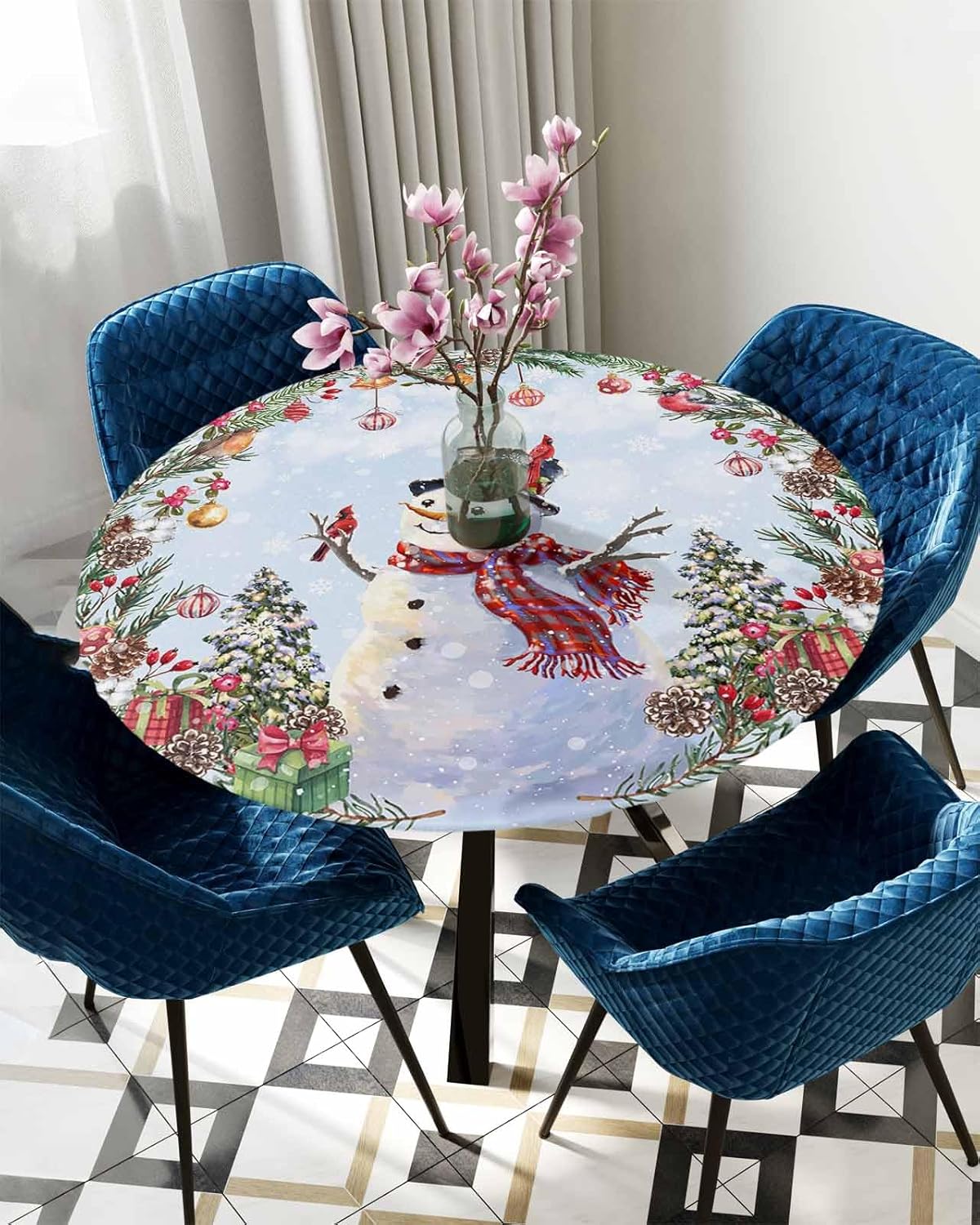 Mantel redondo ajustable con diseño de muñeco de nieve de Navidad, copos de nieve, bola de pájaro, elástico, impermeable, para interiores y