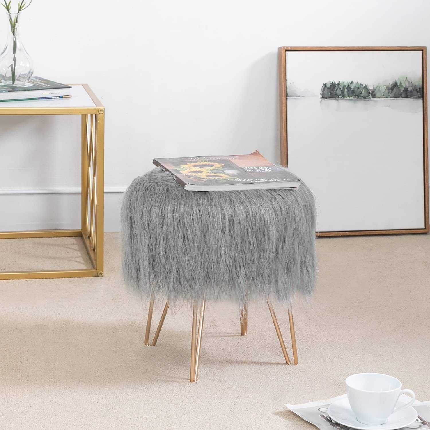 Asense Reposapiés de piel sintética, reposapiés tapizados suaves y peludos, otomana con patas de metal dorado, muebles decorativos, gris