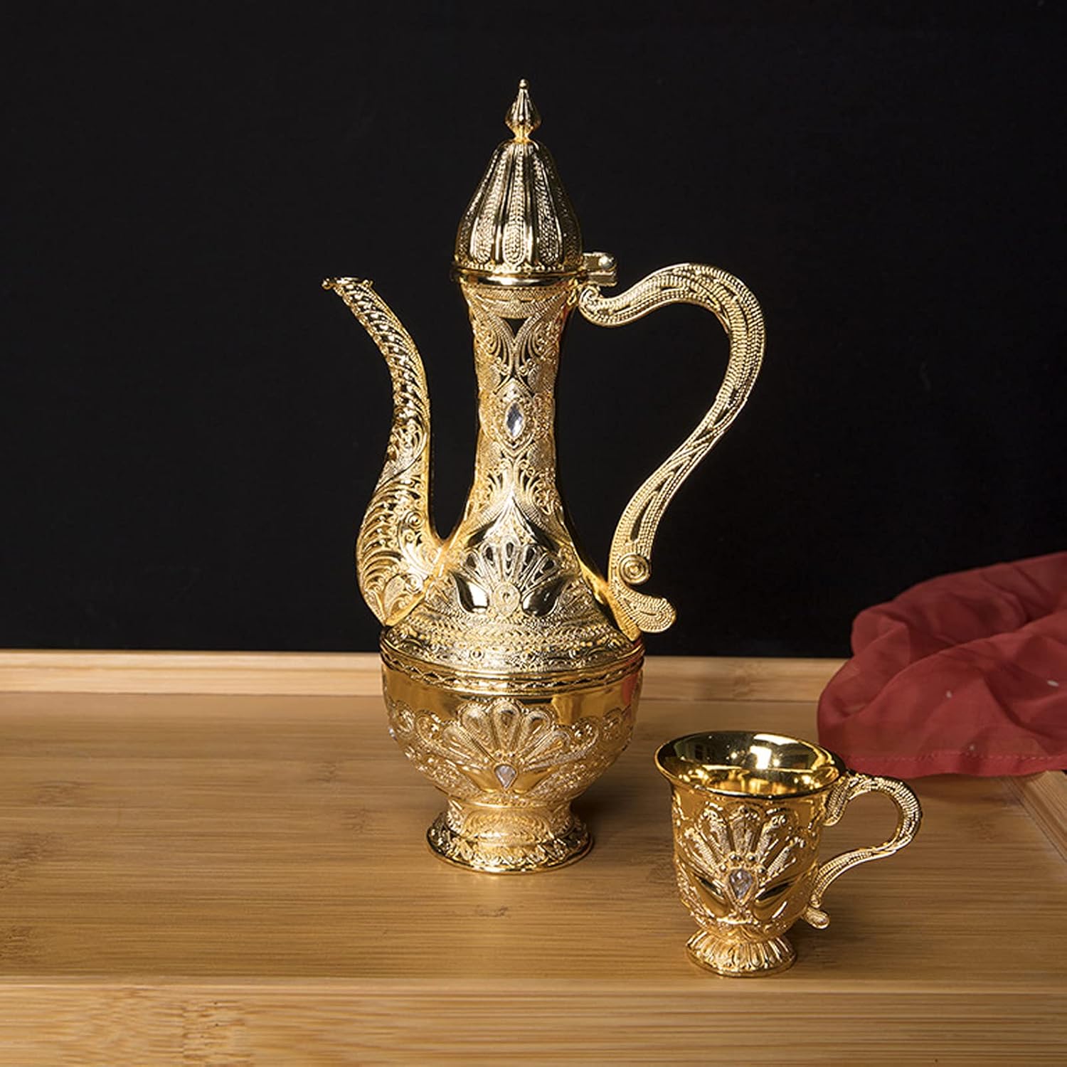 Juego de taza de café turca y tetera que incluye tetera, bandeja de té, 6 tazas de metal, juego de servicio de té para decoración de mesa de té,