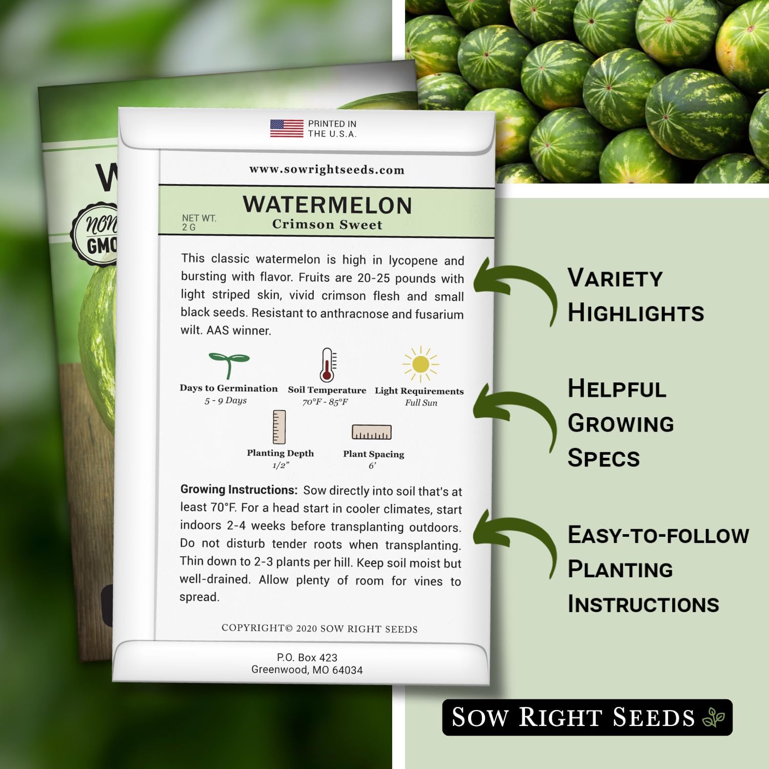 Sow Right Seeds – Semillas de sandía dulce carmesí para plantar – Paquete de reliquia sin OMG con instrucciones para plantar un huerto casero –