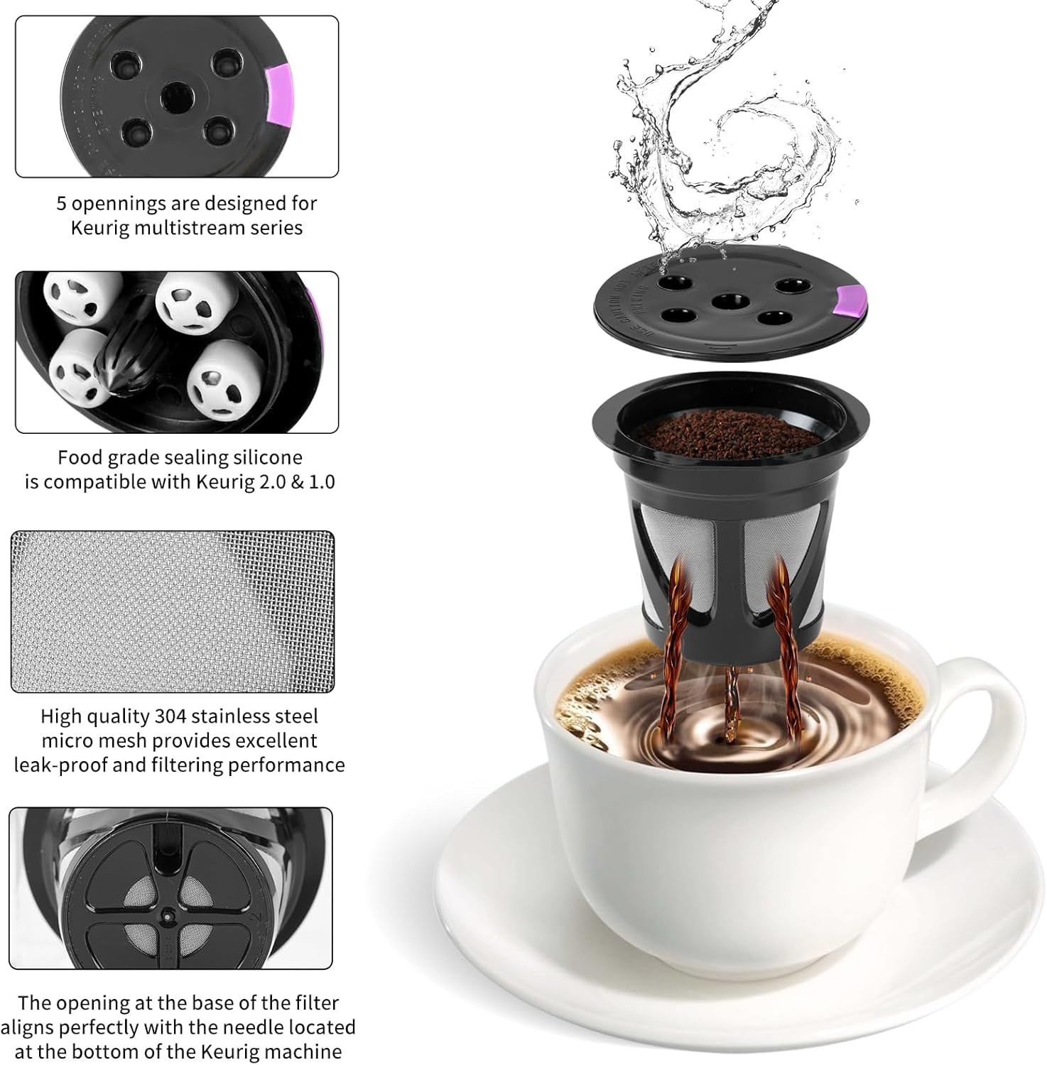Tazas K reutilizables para Keurig, paquete de 2 cápsulas de café recargables universales K CUP con 5 agujeros, específicamente diseñadas para Keurig