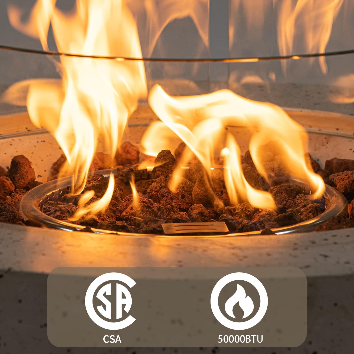 SUNBURY Mesa de fuego de propano para exteriores de 41 pulgadas, 50,000 BTU manchada blanca para patio con protector de viento de vidrio, mesa de
