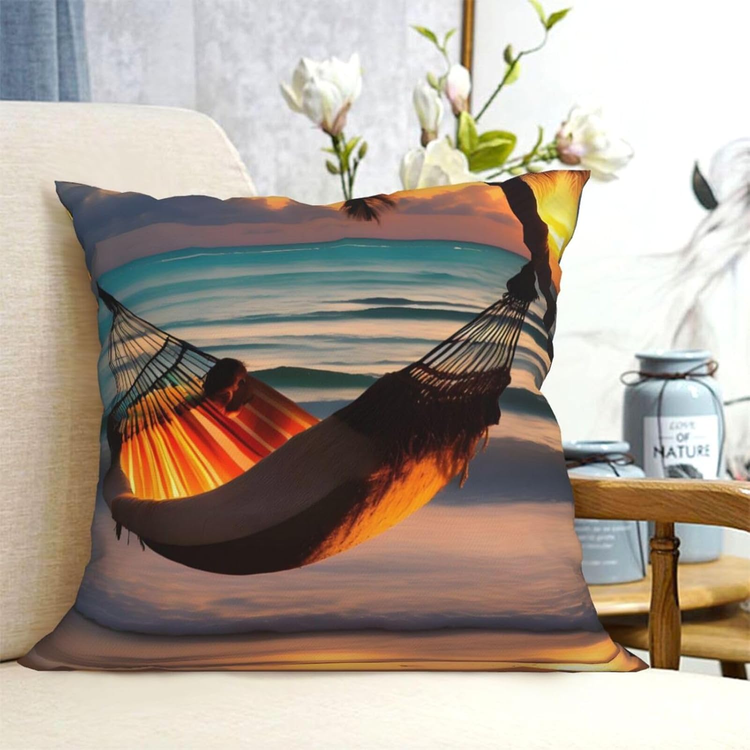 Hamaca de playa con diseño de puesta de sol, fundas de cojín decorativas para sofá, cama, sofá, sala de estar, dormitorio, automóvil