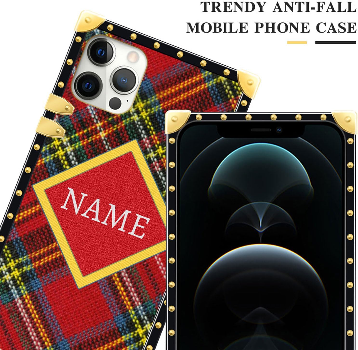 DAIZAG Funda de teléfono a cuadros de Navidad personalizada con nombre personalizado, funda dorada a prueba de golpes para iPhone 15 14 13 12 11 Xs