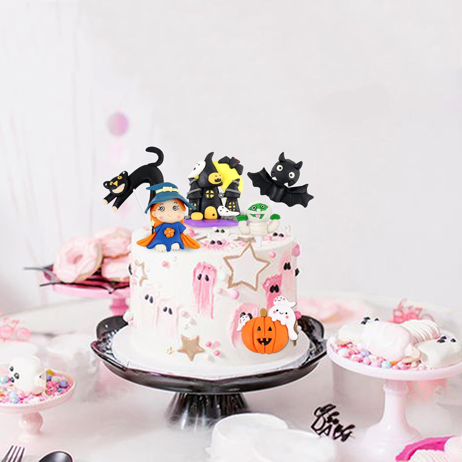Ercadio Paquete de 6 adornos de resina 3D para tartas de Halloween, castillo de bruja, gato, palillos para tartas de Halloween, calabaza,