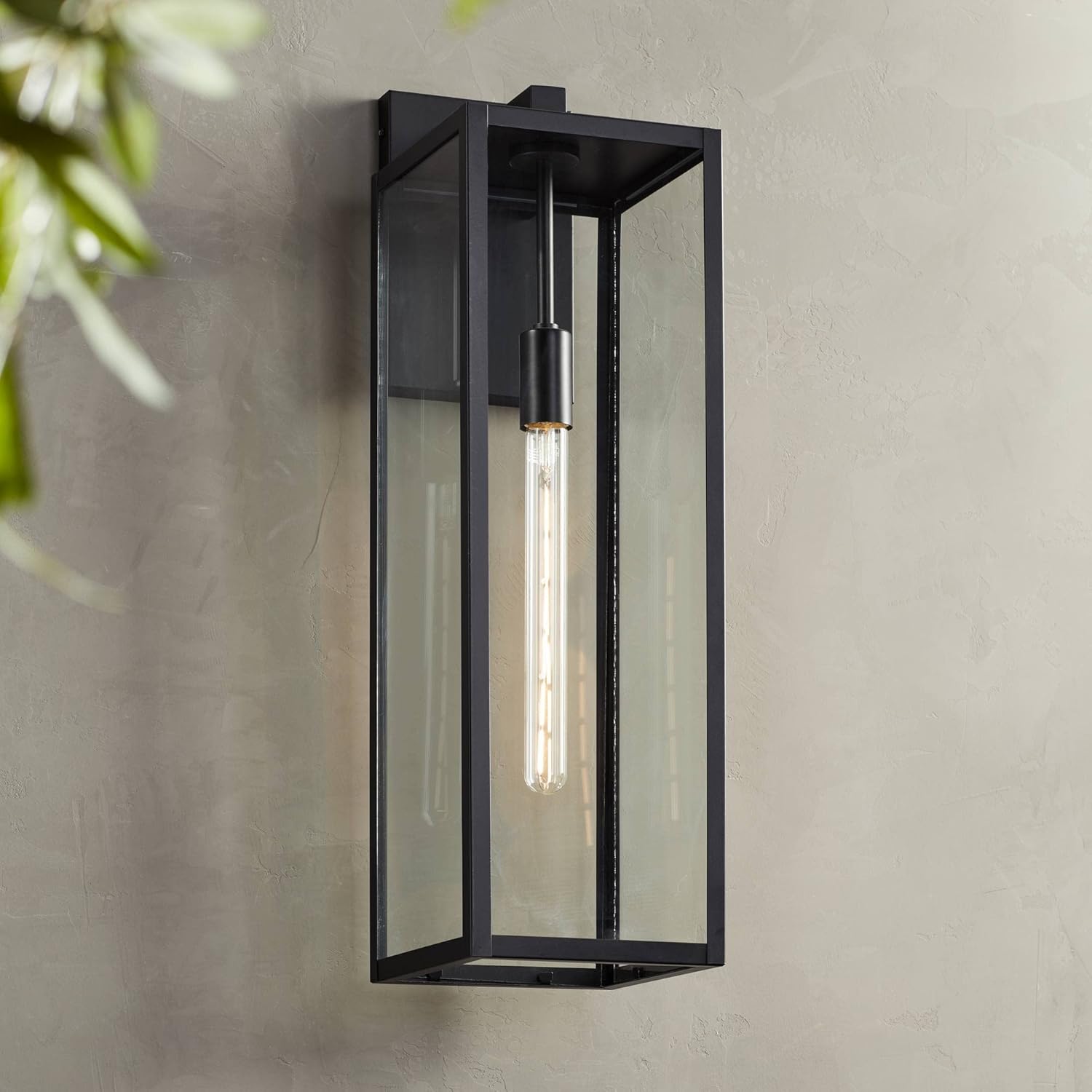 John Timberland Titan – Lámpara de pared industrial moderna para exteriores, color negro místico, paneles de vidrio transparente de 27 pulgadas para