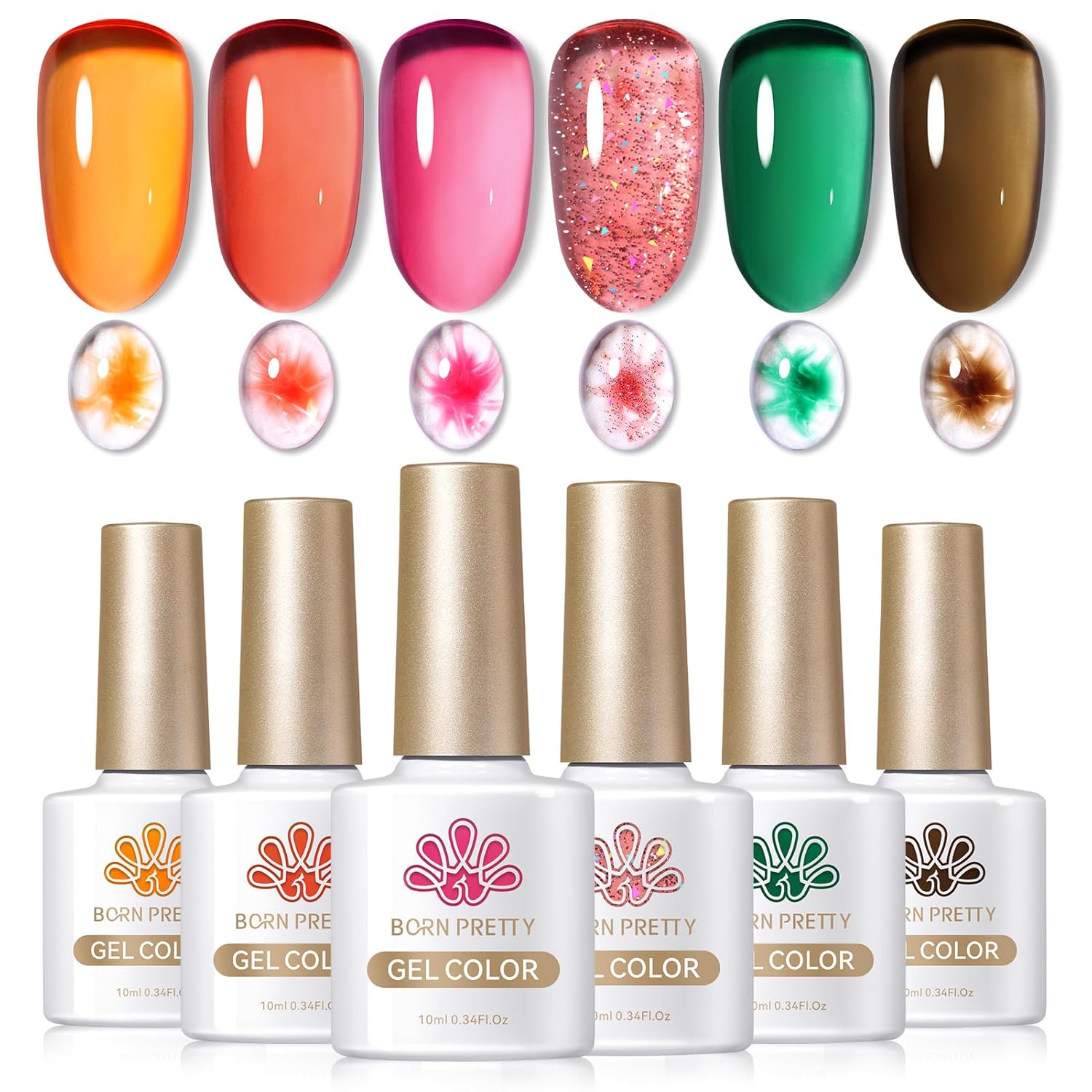 Born Pretty Juego de esmaltes de uñas de gel para otoño e invierno, transparente, translúcido, rojo, coral, naranja quemado, verde, gris, ámbar y