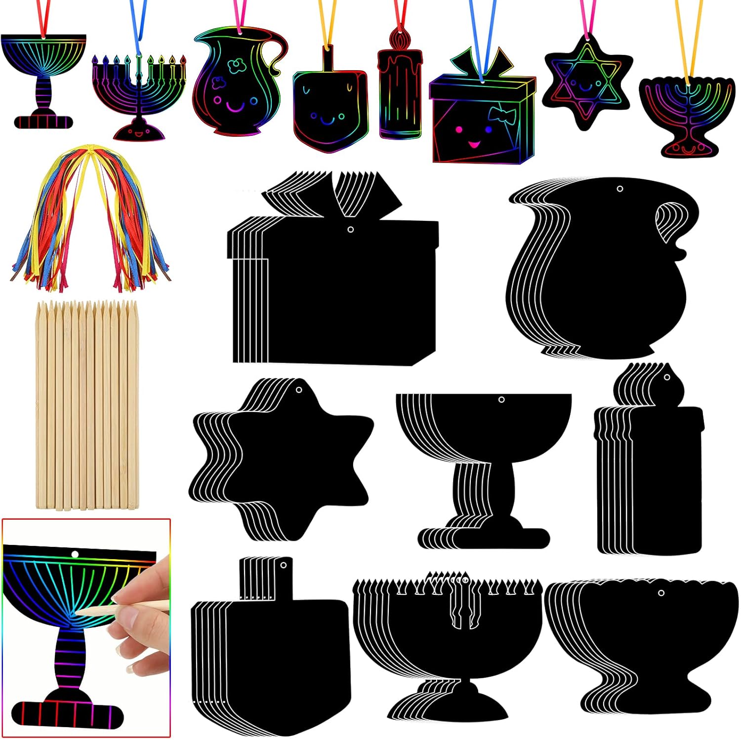 Qilery Juego de 64 tarjetas rascadoras de Janucá para manualidades, suministros de fiesta de Hanukkah, color arcoíris con lápices de madera, kit de