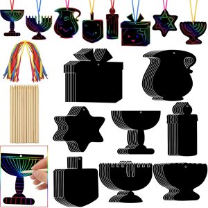 Qilery Juego de 64 tarjetas rascadoras de Janucá para manualidades, suministros de fiesta de Hanukkah, color arcoíris con lápices de madera, kit de Qilery Juego de 64 tarjetas rascadoras de Janucá para manualidades, suministros de fiesta de Hanukkah, color arcoíris con lápices de madera, kit de