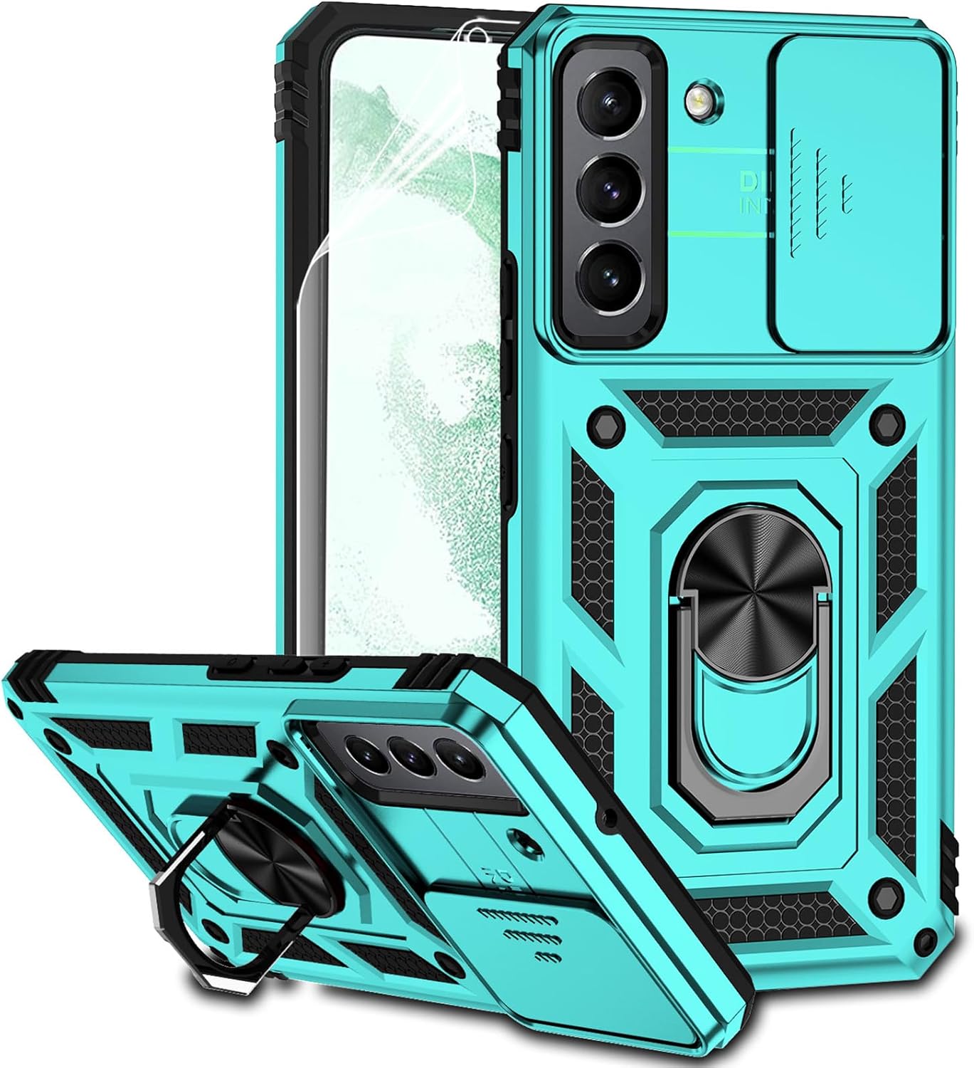 Funda para Samsung Galaxy S22 con cubierta para lente de cámara, protector de pantalla HD, doble capa de grado militar a prueba de caídas, soporte