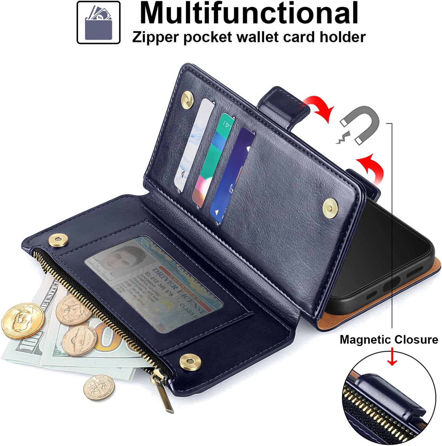 Antsturdy Funda tipo cartera compatible con iPhone 15 Pro, bloqueo RFID, funda de piel sintética para teléfono para mujeres y hombres con tarjetero