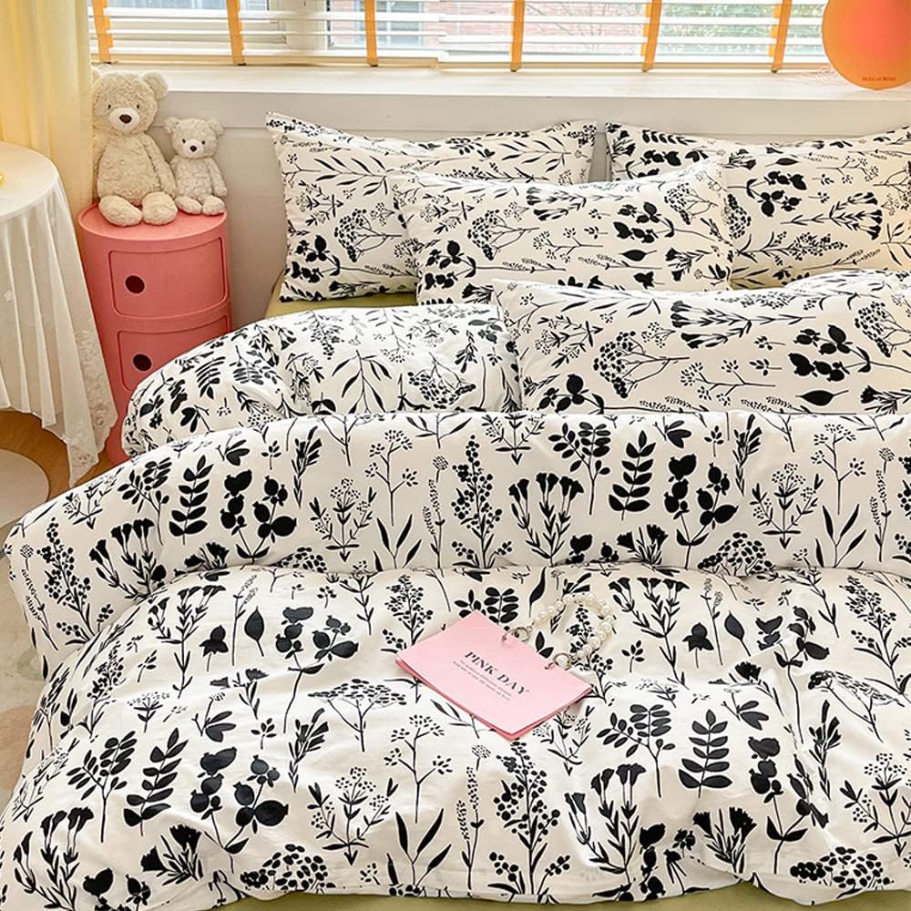 Wellboo Juego de edredón botánico tamaño King, ropa de cama floral en blanco y negro, colcha de algodón para niñas y mujeres, ropa de cama bohemia