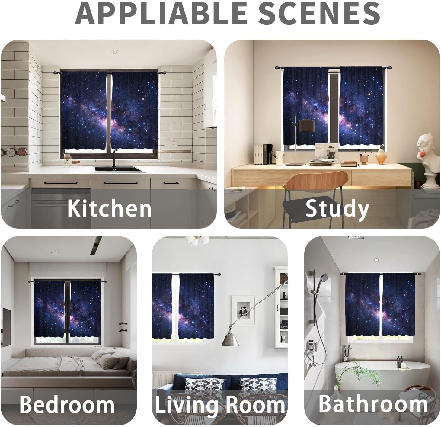 Cortinas de cocina con diseño de galaxia de 27.5 pulgadas de ancho x 39 pulgadas de largo, pequeñas noches estrelladas, espacio exterior, universo