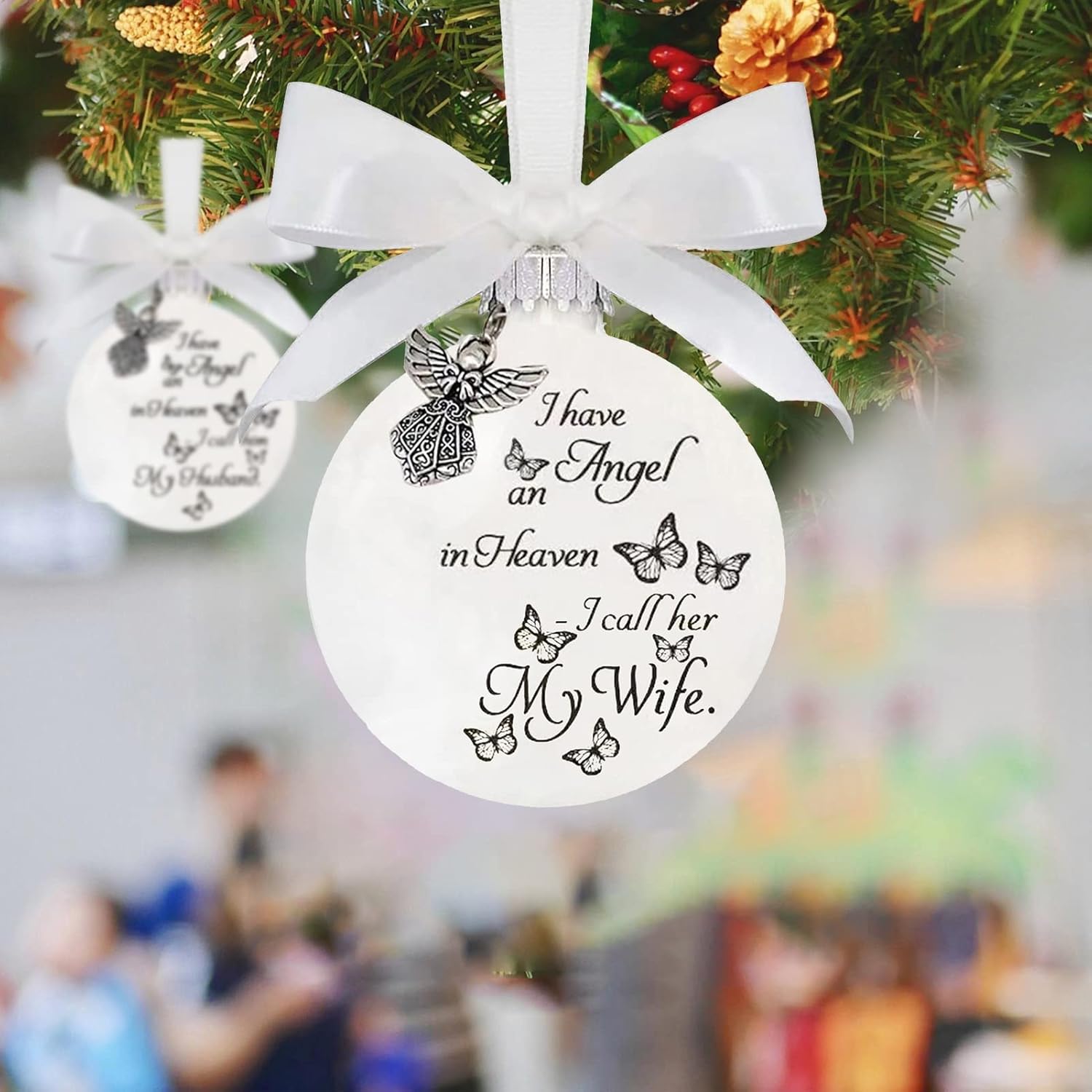 Adornos conmemorativos de Navidad, bola de plumas “Tengo un ángel en el cielo” con colgante de ángel pequeño, adorno de bola de Navidad, para mamá,