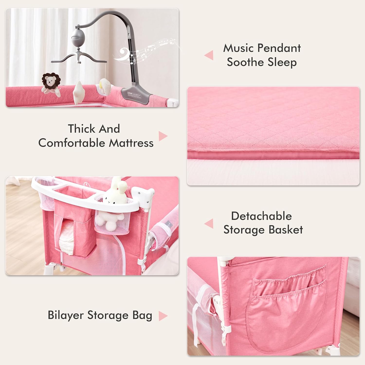 ANGELBLISS Cuna 5 en 1 para bebé, cuna junto a la cama con cambiador de pañales y balancín extraíble, cuna portátil fácil de plegar con móvil,