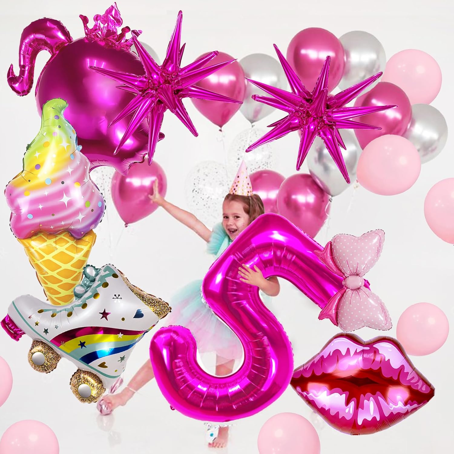 Juego de 20 globos de Mylar de color rosa intenso para decoración de cumpleaños de niña de 5 años